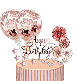 17 PCS Happy Birthday Decoration Gateau Or Rose Gold,Decoration Gateau Anniversaire Fille, Cake Topper Ballon Étoiles Topper Avec Boule de ...