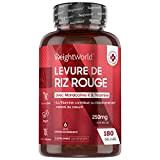 Levure de Riz Rouge de Forte Concentration en Monacoline K, 250mg, avec Thiamine, 180 Gélules Vegan & Doux pour l'Estomac, ...