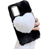 Miagon Peluche Fourrure 3D Coque pour iPhone 12,Kawaii Étui de Protection Hiver Chaud Souple Poilu Doux 3D Cœur Housse Cover,Noir
