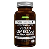 Pure & Essential Vegan Oméga-3, 1344mg Huile d’Algues (DHA 400mg + EPA 200mg) & Astaxanthine, Végétalien, 60 gélules