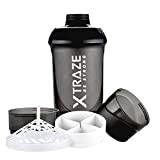 XTRAZE® Shaker Protéiné 600 ml avec Compartiment en Poudre 2 x = 150 ml + 200 ml – Sans BPA ...
